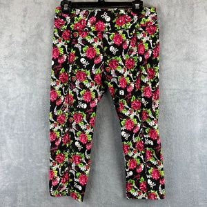 Betsey Johnson leggings womens medium black pink rose skulls Capri pants